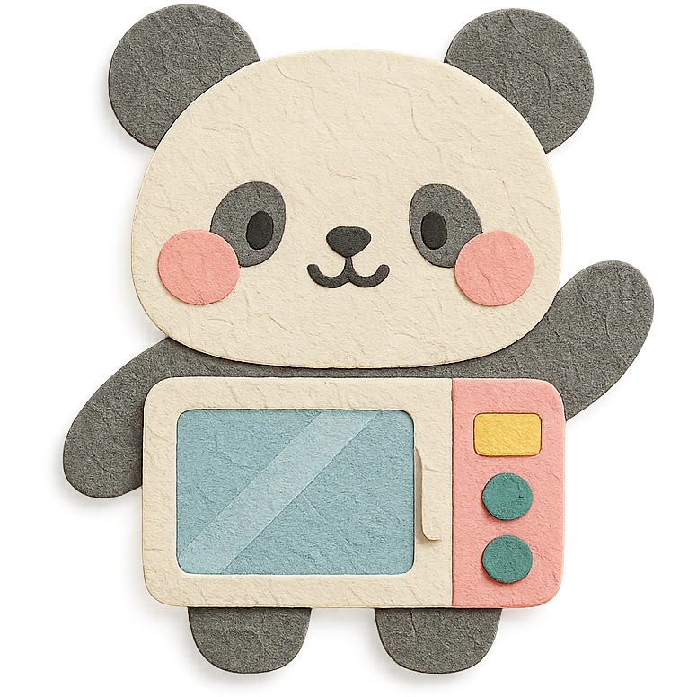 fluffy panda with microwave oven elements, blushing and waving, soft pastel, full-body emoji