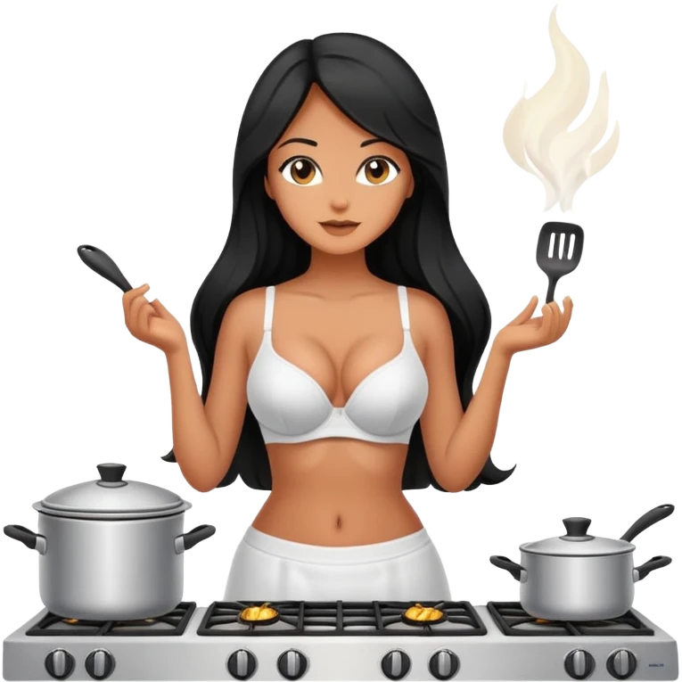 cooking stove with pot, black long hair tanned woman, bra  emoji