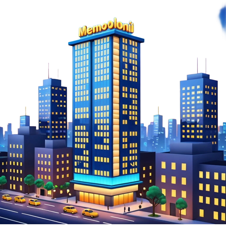 A 3D cartoon city billboard mounted on a tall building, glowing lights at dusk, realistic reflections, Memoji-style. emoji