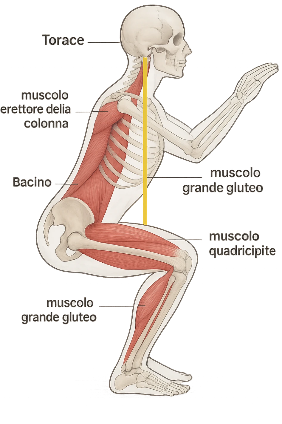 side view of a human figure performing a squat, with transparent overlays showing the skeletal structure. A straight line or highlighted axis connects the pelvis (bacino) and the ribcage (torace), demonstrating correct alignment. Key muscles involved in maintaining posture are labeled. Clean, educational style, white background. emoji