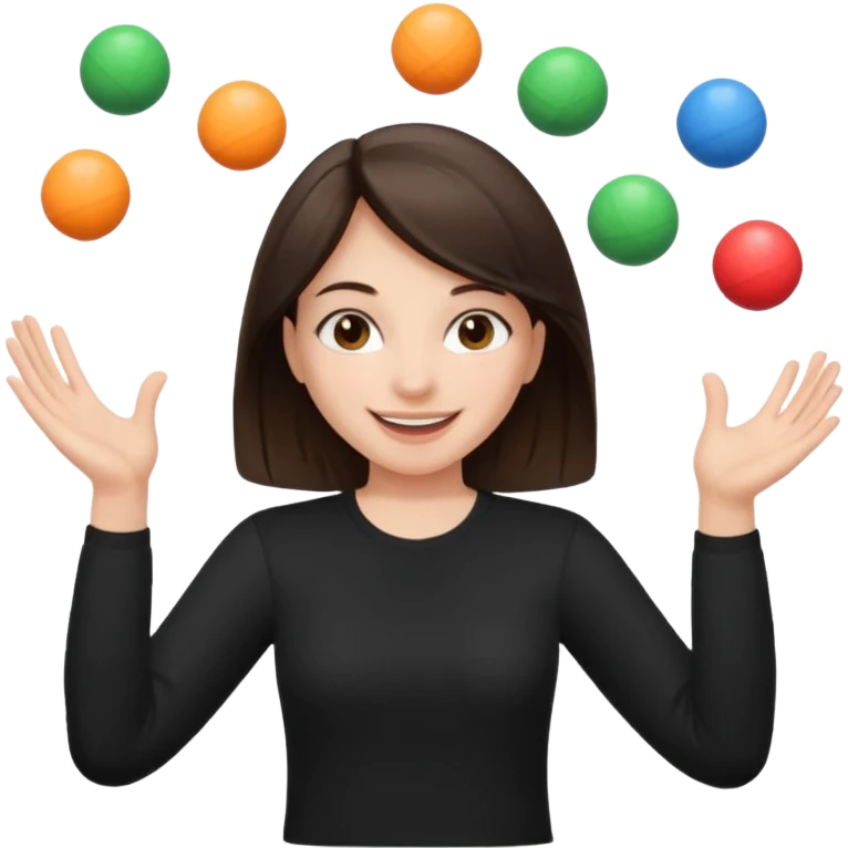 a brunette girl in a black shirt is  juggling  with two hands  emoji
