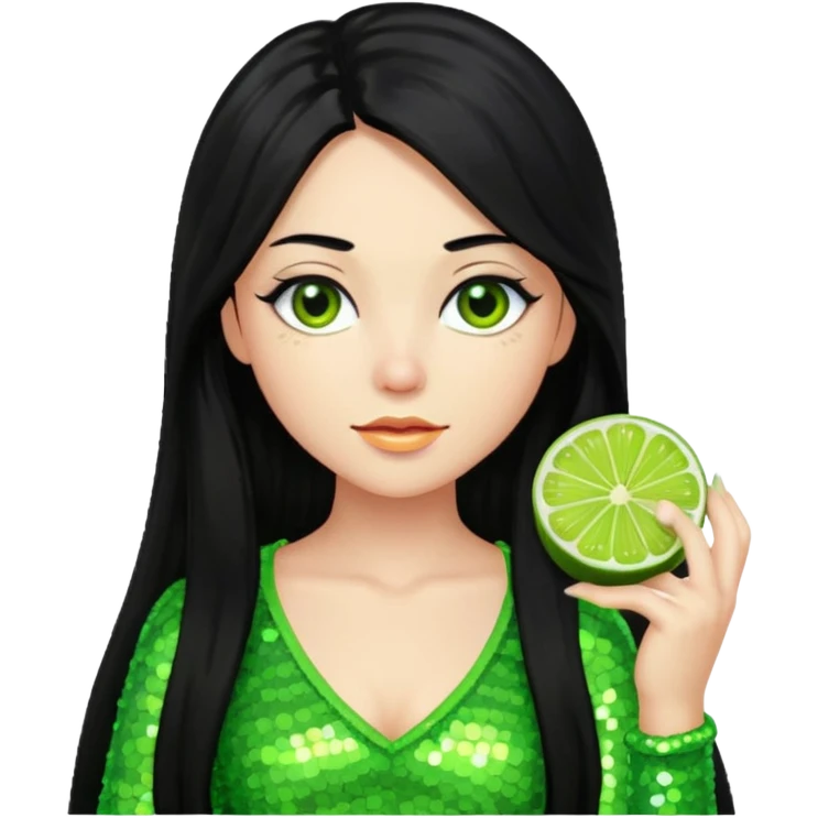 Verona from Van Helsing with long black hair, lime green sequin outfit emoji