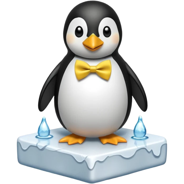 penguin, yellow bow tie, standing on small ice melting block emoji