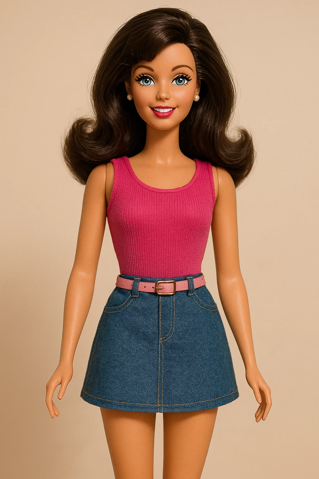 classic brunette Barbie doll, full body, iconic style, cheerful expression, modern fashion, soft lighting emoji