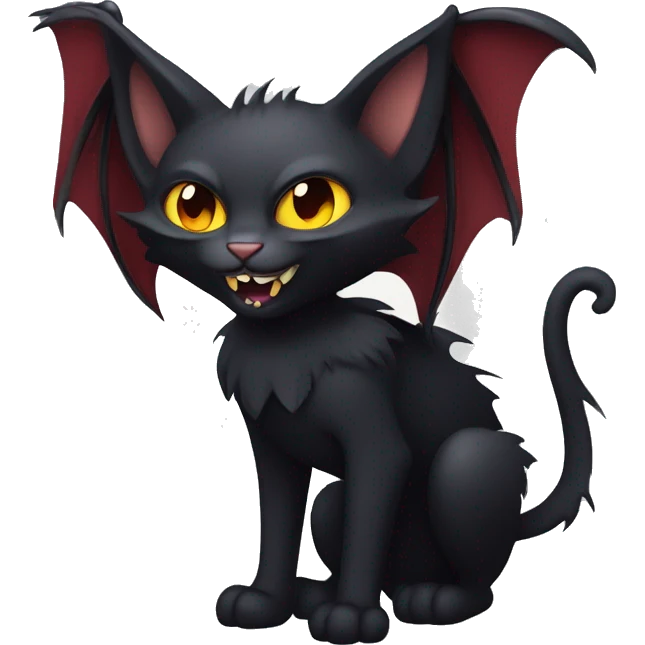 Black vampiric magical Cat-Fakémon with big fangs and bat wings on head and bat wings on back full body emoji