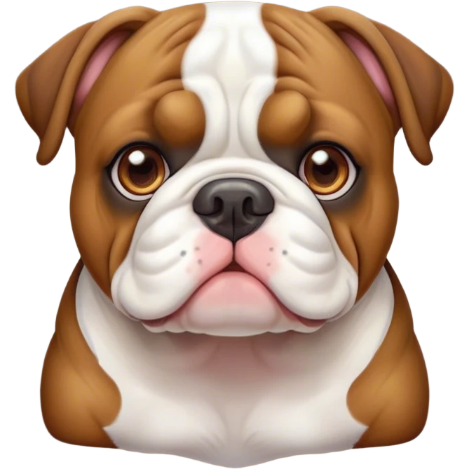 Cinematic Cute Brown and White English Bulldog Portrait Emoji, Head tilted playfully and inquisitively, featuring a glossy brown and white coat with distinct patches, round, sparkling brown eyes filled with curiosity, Simplified yet irresistibly adorable features, highly detailed, glowing with a warm, friendly glow, high shine, affectionate and charming, stylized with a touch of whimsy, bright and endearing, soft glowing outline, capturing the essence of a mischievous yet loving companion, so playful it feels like it could bound out of the screen and into your arms! emoji