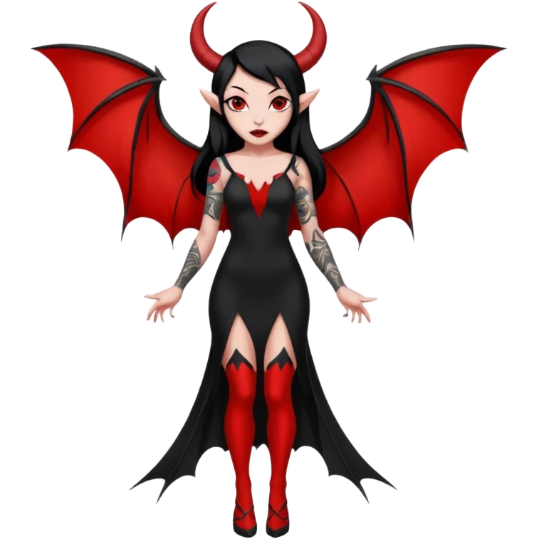 Full red-skin demon girl (entire body red), long black hair, small red horns, pointed ears, single bat wing, black open-back dress, bold tattoo-flash comic linework, red/black/gray, dark background, no text. emoji