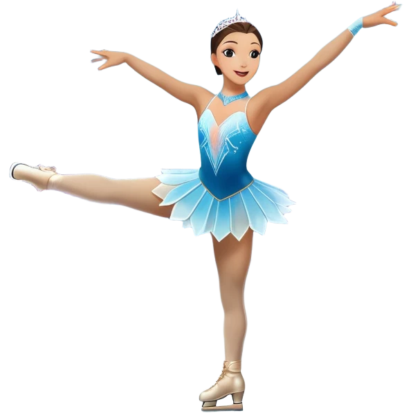 An icon of a theatrical ice show with close-up costumed figure skater performing a dramatic scene on a glowing ice stage. Spotlights, colorful scenery, and a cheering audience in a grand arena convey the magic and artistry of the ice performance. Transparent background included. emoji