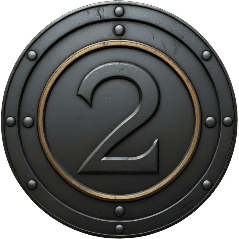 Minimal emoji, gothic metal coin made of black steel, engraved number 2 at the center, ancient industrial aesthetic, worn metal texture, no glow, no neon, flat emoji design, centered, transparent background emoji