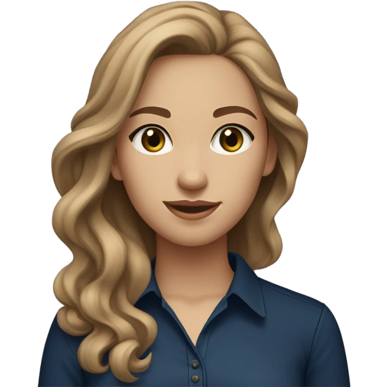 light skinned girl, with blueish and a bit green eyes, light brown wavy long hair, navy blue tight shirt, small chest, skinny body emoji