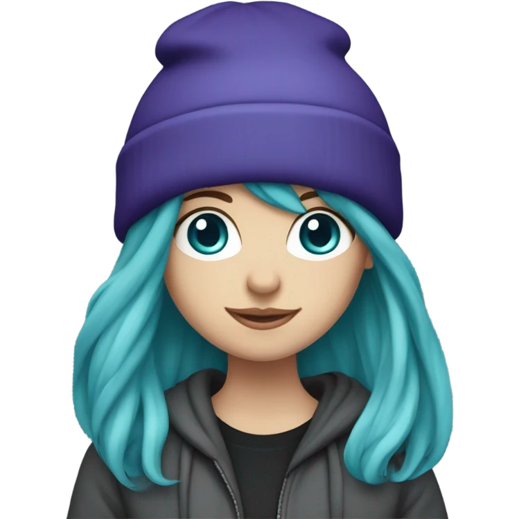 White girl, blue eyes, long teal hair, purple beanie hat, black hoodie, blue jeans, black shoes emoji
