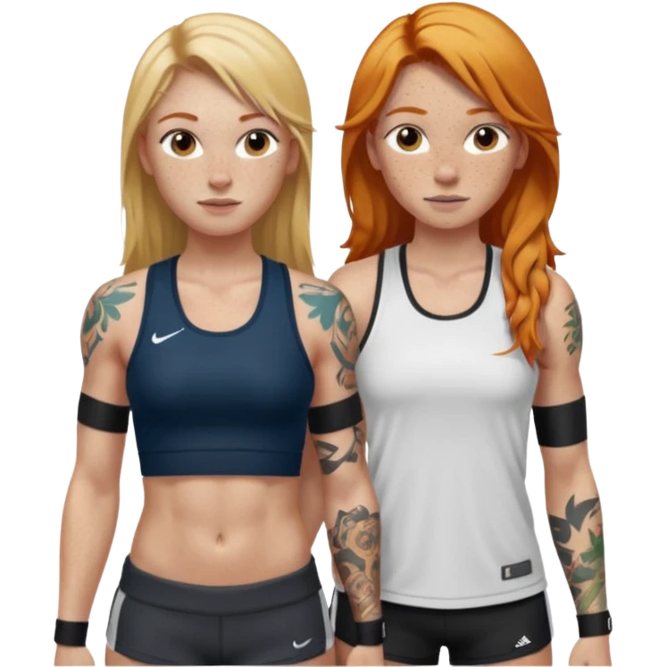 girl with long blonde hair and tattoos next to an athletic masculine ginger girl  emoji