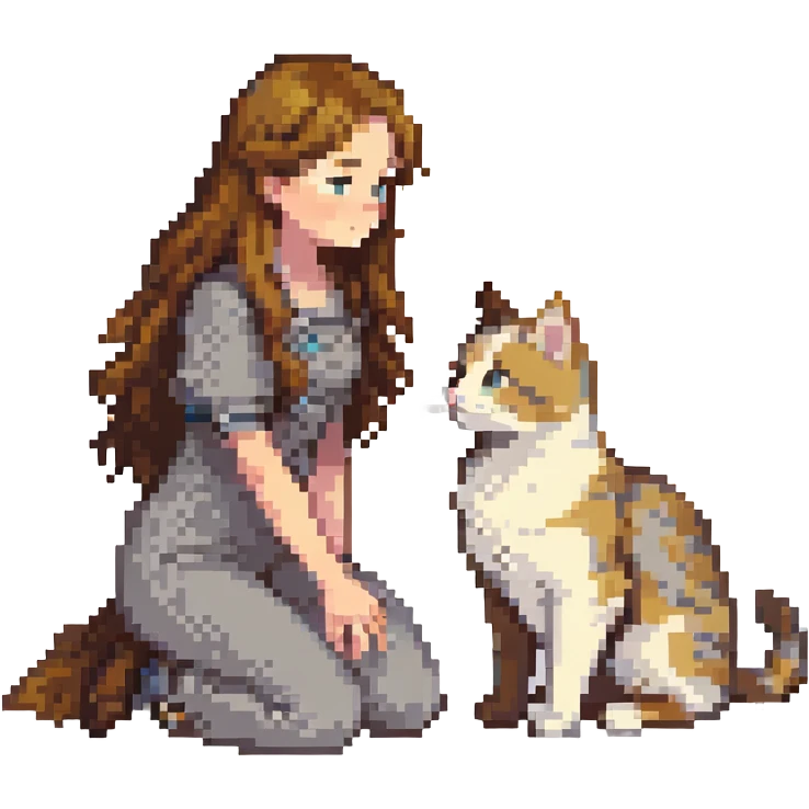 Remix: Beautiful girl with long wavy brown hair, inspired by the reference, petting a gray and blonde mixed cat, pixel art style, girl kneeling, cat looking up emoji