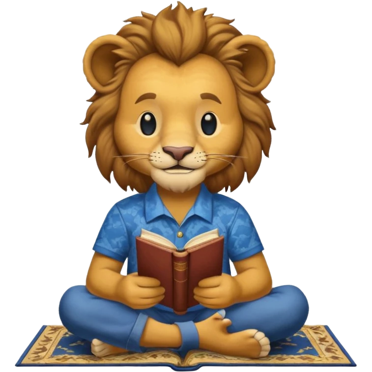 Happy lion reading Abraham Lincoln on a carpet with blue and yellow shirt on emoji