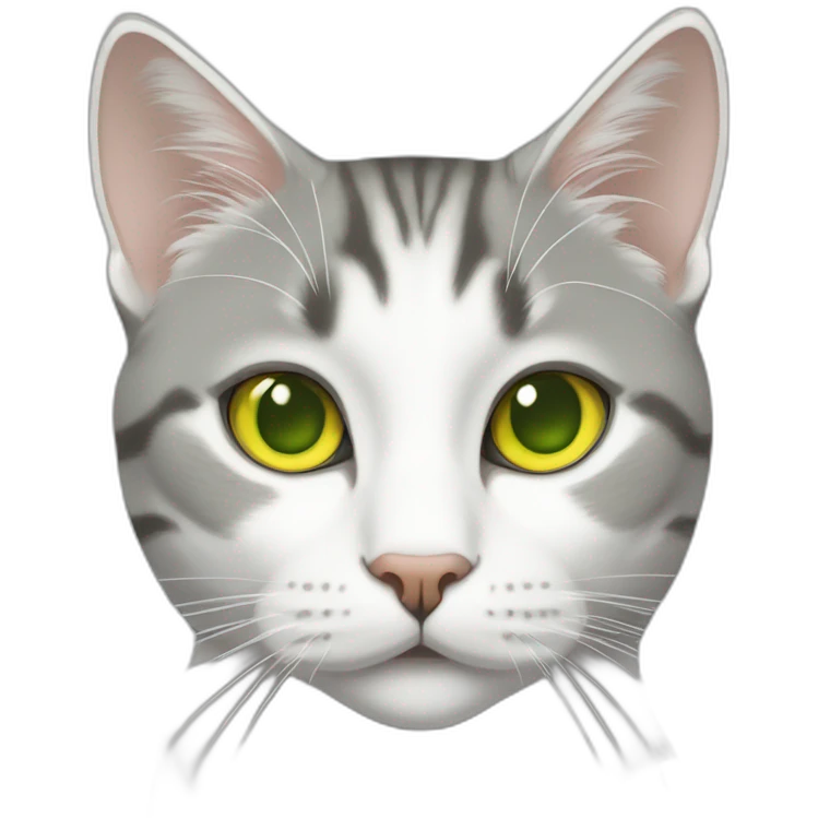 Grey asymmetrical and white tabby european cat with yellow green eyes emoji