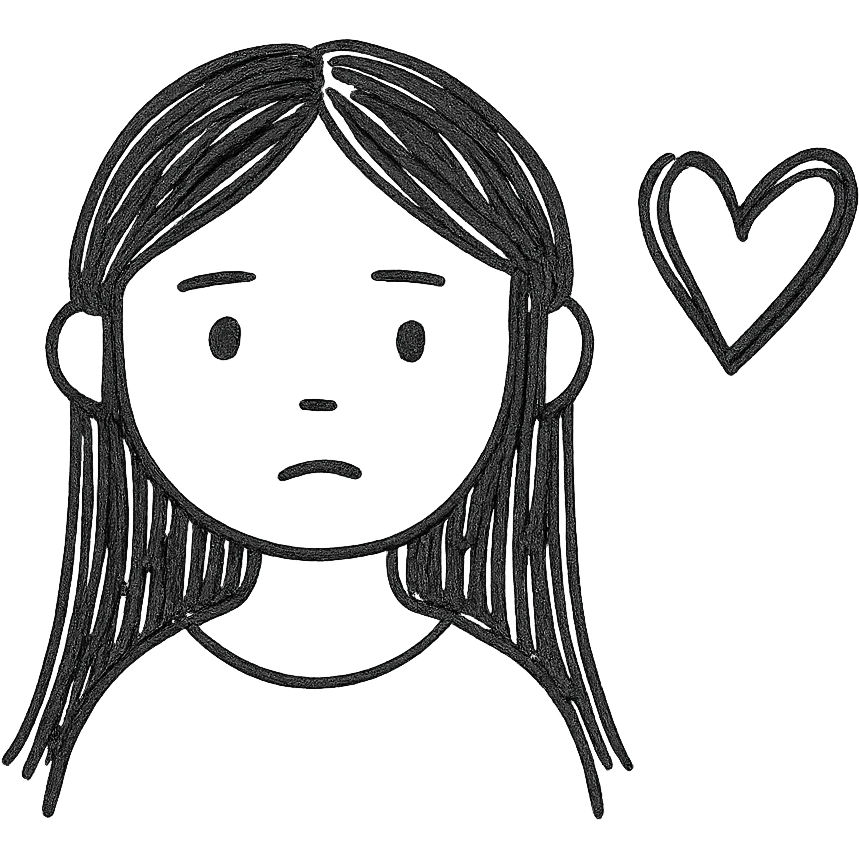 pale girl with long black hair and a black heart emoji