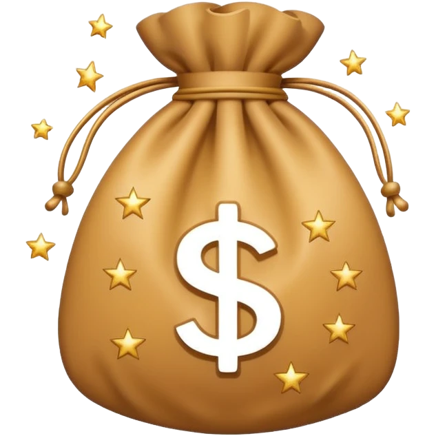 Minimal line-art icon of a money bag with sparkles around it, clean modern style, simple outlines, slight 3D, no background, transparent, represents clean and ethical income. emoji