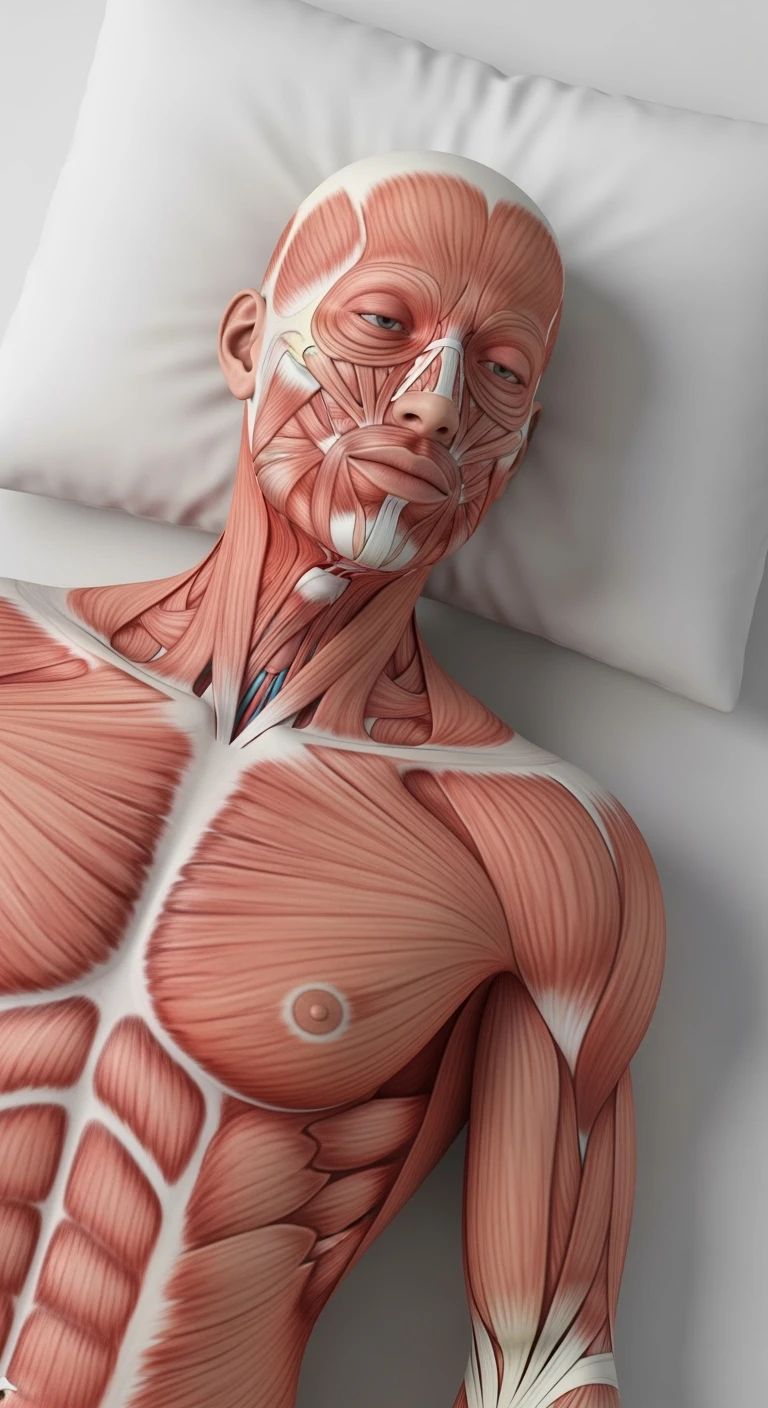 corpo umano anatomico realistico con la testa poggiata sul cuscino ma gli occhi aperti perché non riesce a dormire, visto dall'alto, sfondo bianco
IPERREALISTICO 4K emoji