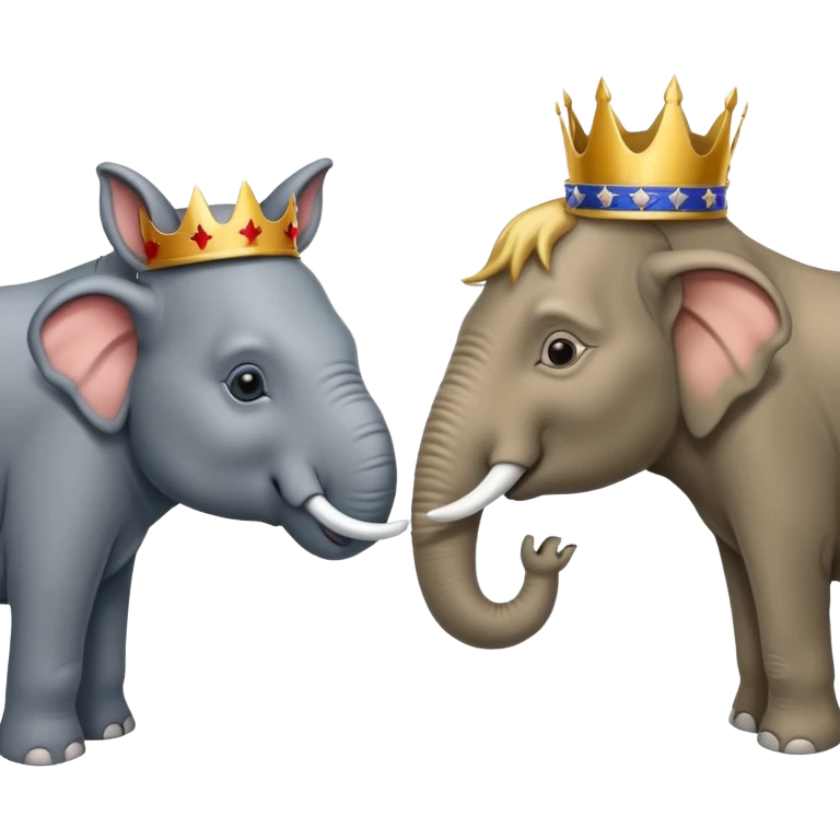 Democratic Party elephant facing Republican Party donkey with King Trump inbetween emoji