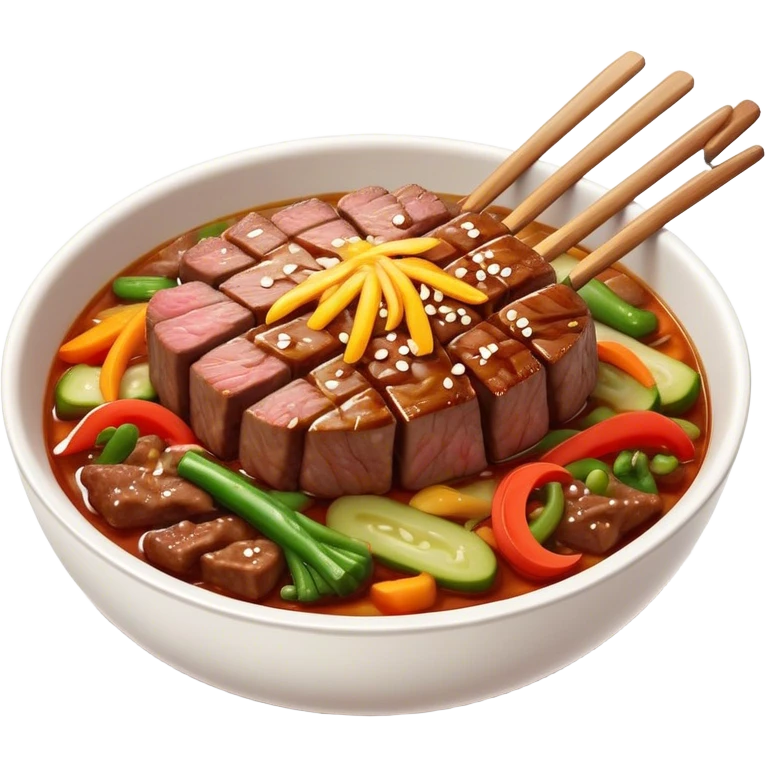 Cinematic Realistic Bulgogi Dish Emoji, featuring tender, marinated beef stir-fried with vegetables rendered with dynamic textures and mouth-watering lighting. emoji