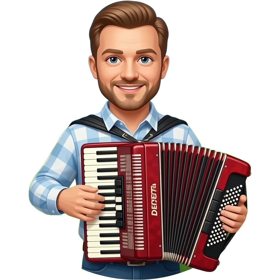 chlap VLADKI hra na akordeone DELICIA na pozadi je krajinka emoji