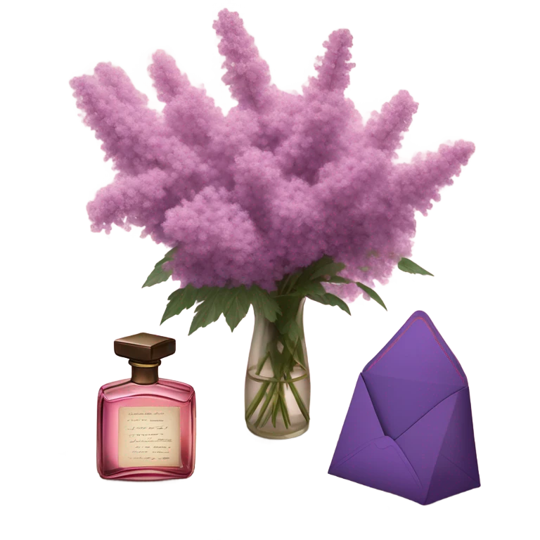 Aesthetic still life of soft pink mimosa flowers, a vintage-style purple perfume bottle, a love note, and a deep purple envelope.
 emoji