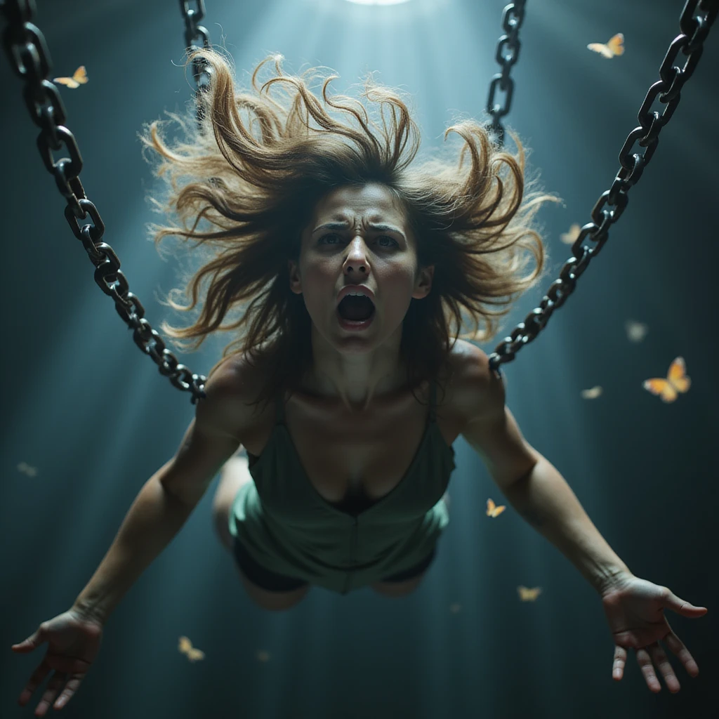 A hyperrealistic 4K image of a woman floating in space with hair floating in all directions, heavy chains of anxiety binding her, anxious and panicked expression, butterflies trapped in the chains, harsh lighting, overwhelming anxiety. emoji