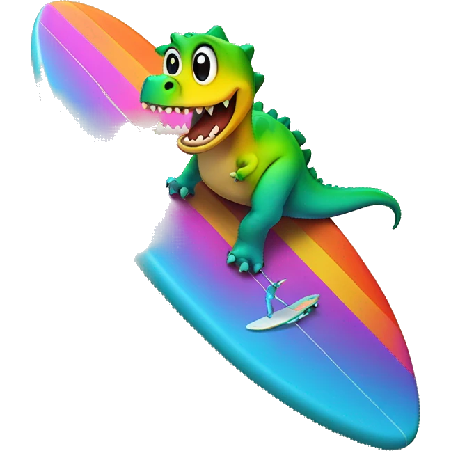 A dinosaur on a rainbow colored surf board  emoji