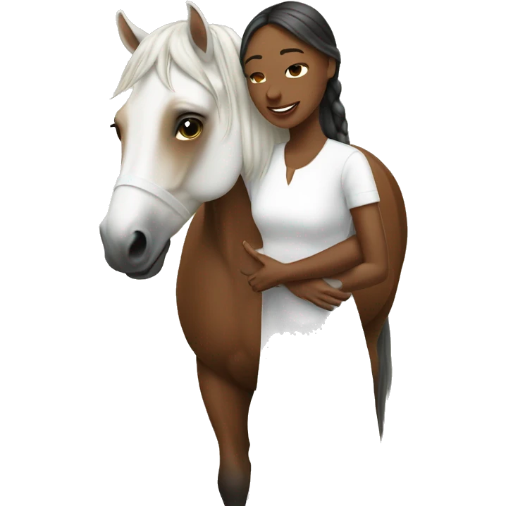 Woman in white dress hugs bay horse emoji