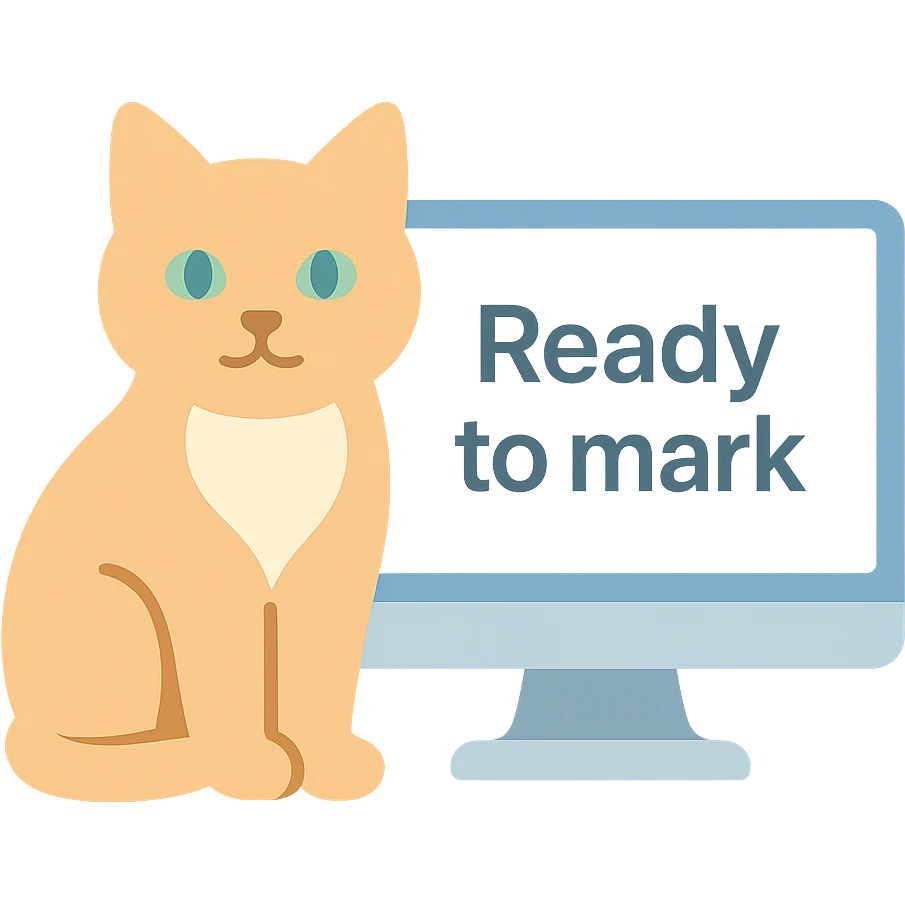 A cat sitting next to a computer with the inscription 'Ready to mark' emoji