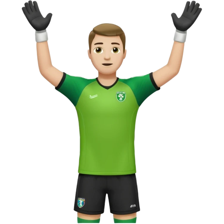 goalkeeper, standing, wearing a green shirt, shorts, socks and football boots, with arms raised emoji