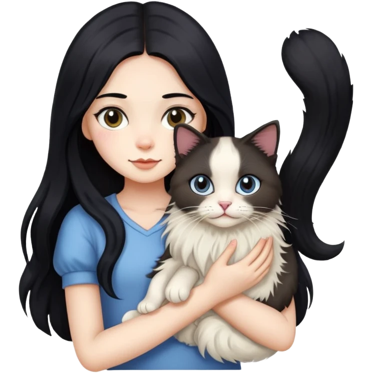 A girl with long black hair holding a ragdoll cat emoji
