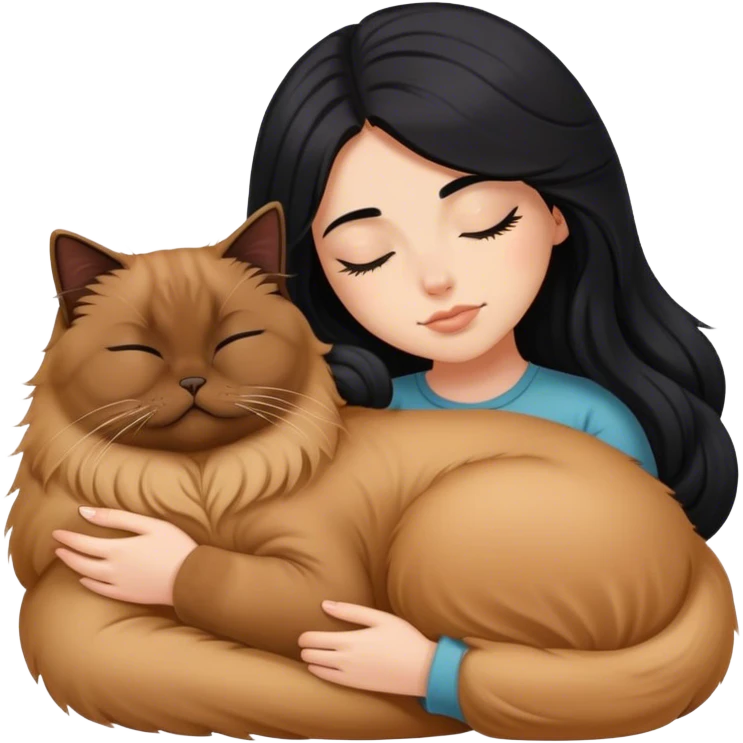 A pretty white girl with long black hair and sleeping curled up to a brown Persian cat  emoji