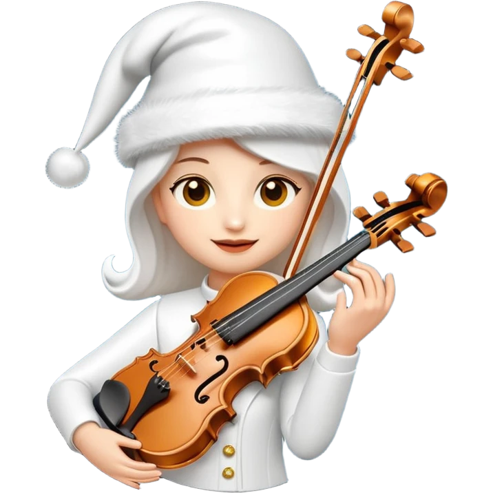 A sleek, elegant, pure white animated violin emoji wearing a festive New Year hat on top, sparkling details, soft glow, premium cartoon style, high resolution, 3D-like shading, cheerful and cute, perfect for Telegram sticker or emoji, minimalistic background emoji