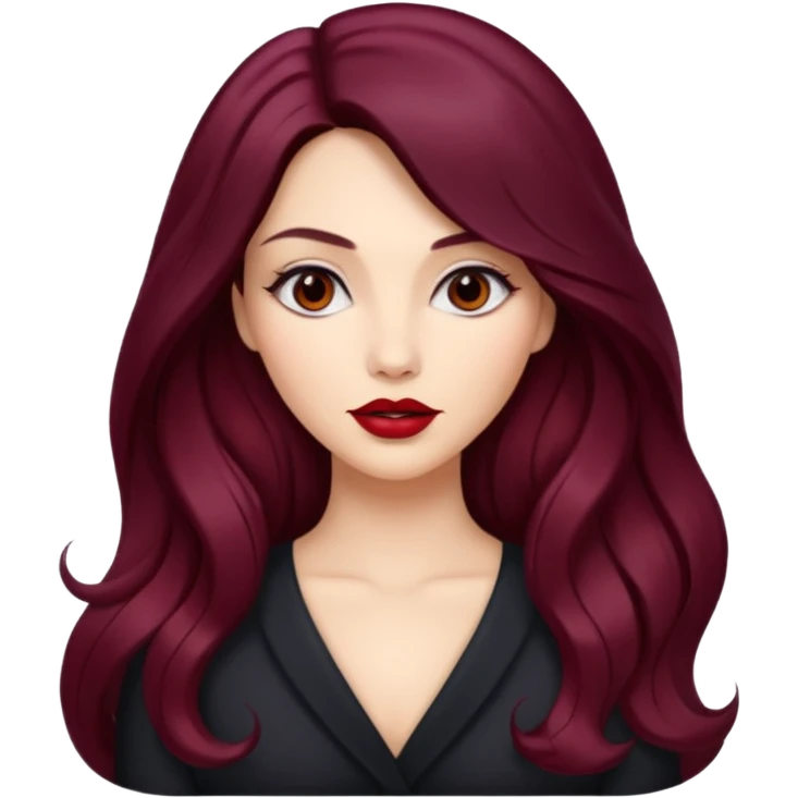 young glamorous woman 
Long waist-long hair
centre part
slightly wavy
dark burgundy hair 
 emoji