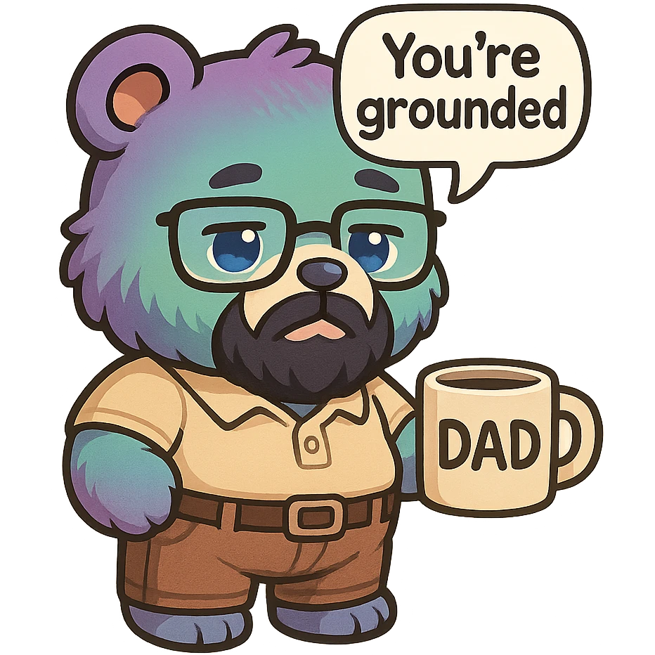 A realism art illustration art style of a plus-sizes teddy bear  with purple to green ombre streak, black beard, blue eyes, glasses, dressed like a dad, holding a coffee mug, You’re grounded speech bubble, frowning  emoji