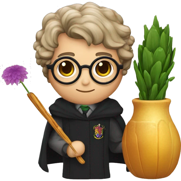 Harry potter avec les cheveux ondulés noir des lunettes ronde une cicatrice une baguette magique et un pot de fleur  emoji