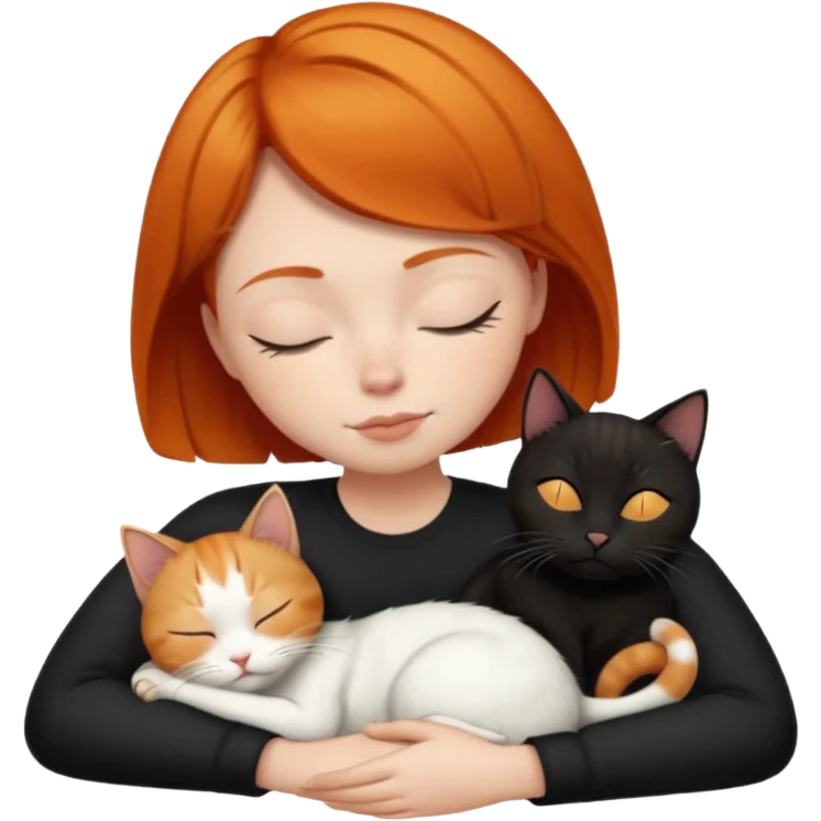 Ginger Girl short hair sleeping with two cats a black and a white bigger cat  emoji