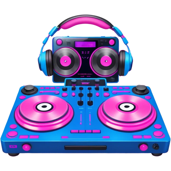 Create a dynamic and modern emoji that represents electronic music and DJing. The design should feature a DJ controller with two vinyl turntables, DJ headphones, and glowing sound waves or a waveform to symbolize the energy of mixing and electronic beats. Use vibrant neon colors like electric blue, neon pink, or green to represent the futuristic and pulsating nature of electronic music. Add subtle details of flashing lights or abstract patterns to evoke the nightclub or festival atmosphere. The background should be transparent. emoji