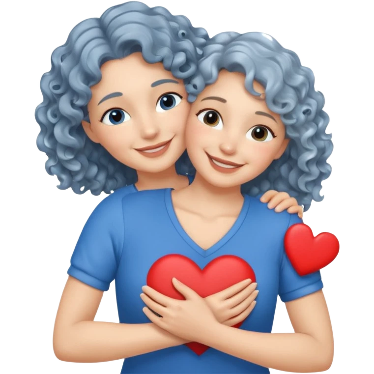 Silver, wavy/curly hair chin-length lady giving hug with 2 arms, blue v-neck and smilingm add a heart emoji