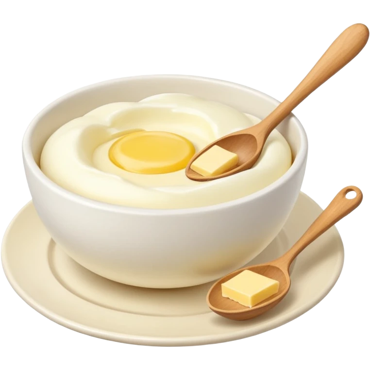 a dozen eggs, a ceramic mixing bowl with a wooden spoon and a plate of butter emoji