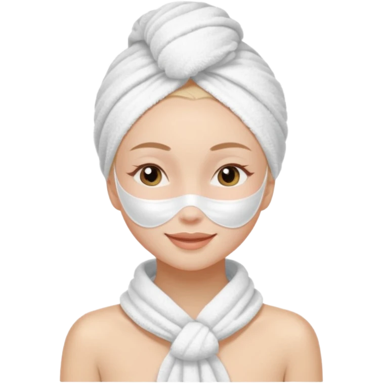 cute girl with her eyes closed and smiling, wearing a white spa towel as her clothes in she has a white spa towel on her head, white face skincare mask emoji