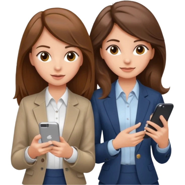two brown haired girls, looking professional maybe leaned back on back and looking forward and using phones, with longer hair and with some cute clothes without ties, blowout hair, one girl can hold lap top athoer one can hold the phone emoji