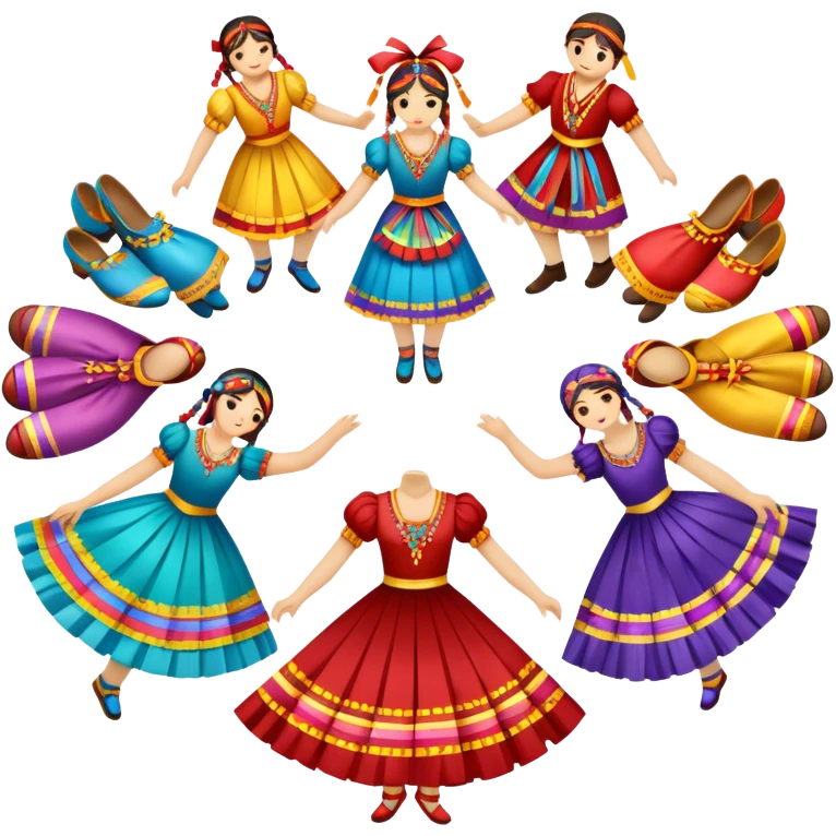 Icon for Folk Dance: close-up traditional dance dress, shoes, colorful folk costumes and a dance circle with ribbons. The icon should represent the vibrant and cultural aspects of folk dancing. Transparent background. emoji
