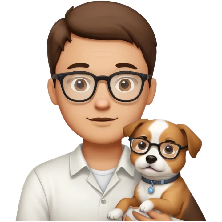 buatkan laki laki kuliahan menggunakan kacamata, menggendong anjing lucu, warna baju putih, dan latar foto putih emoji