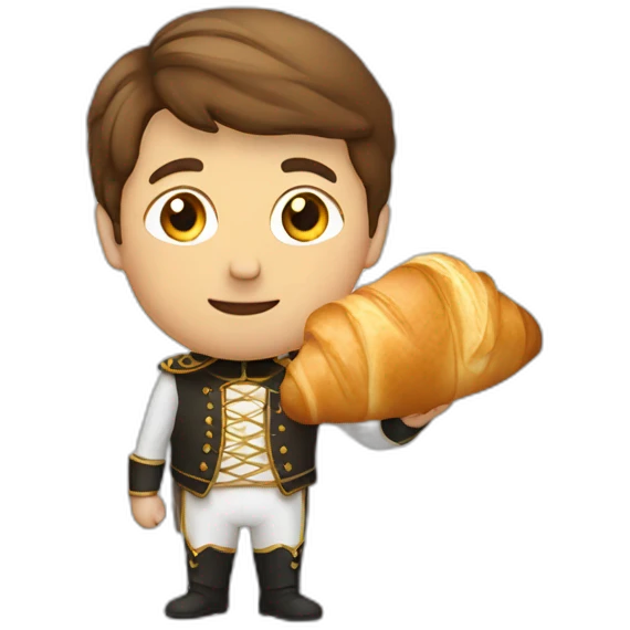Man in costume with short brown hair eating croissant emoji