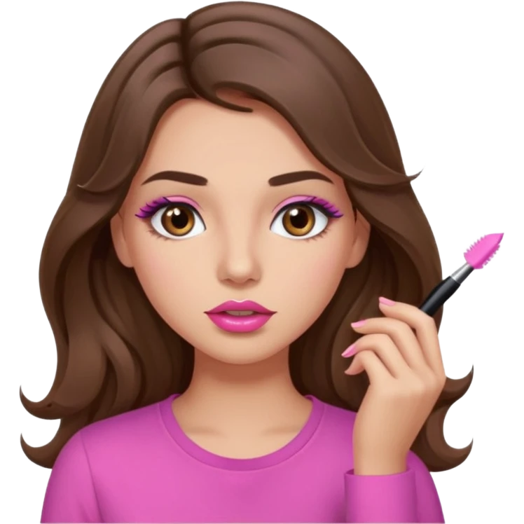 girl with long wavy brown hair, brown eyes, light to medium complexion, in a pink shirt, pink lips, long lashes, puckered lips, putting on mascara emoji