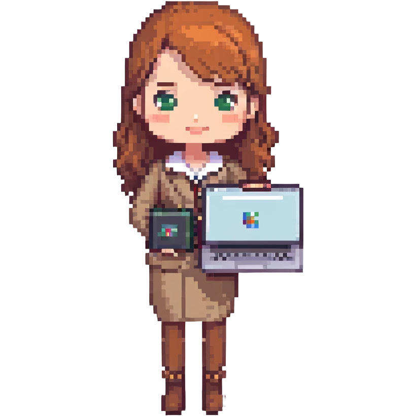 female recruiter, cute, pixel art with a laptop emoji