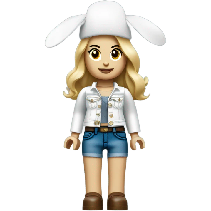 Lego toy girl whole body with white rabbit hat and beggy jeans emoji