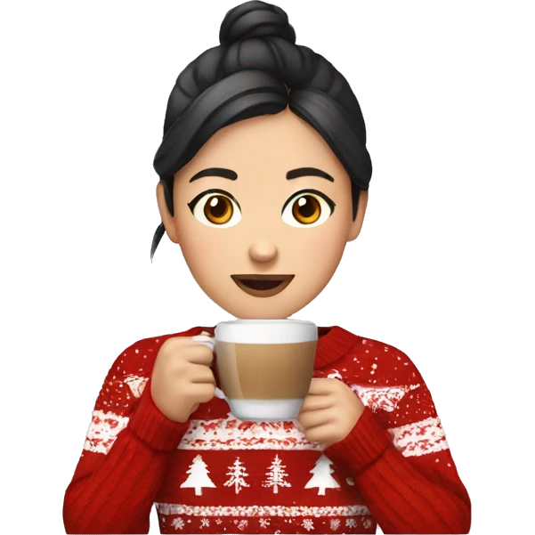 asian girl drinking coffee wearing Christmas sweater emoji